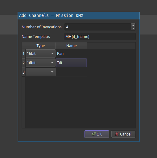 Dialog to add a range of channels