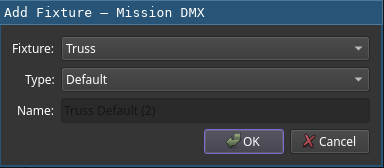 Dialog allowing selection of stage object, its variant, assignment of name and early linking with fixture Add Stage Object Dialog